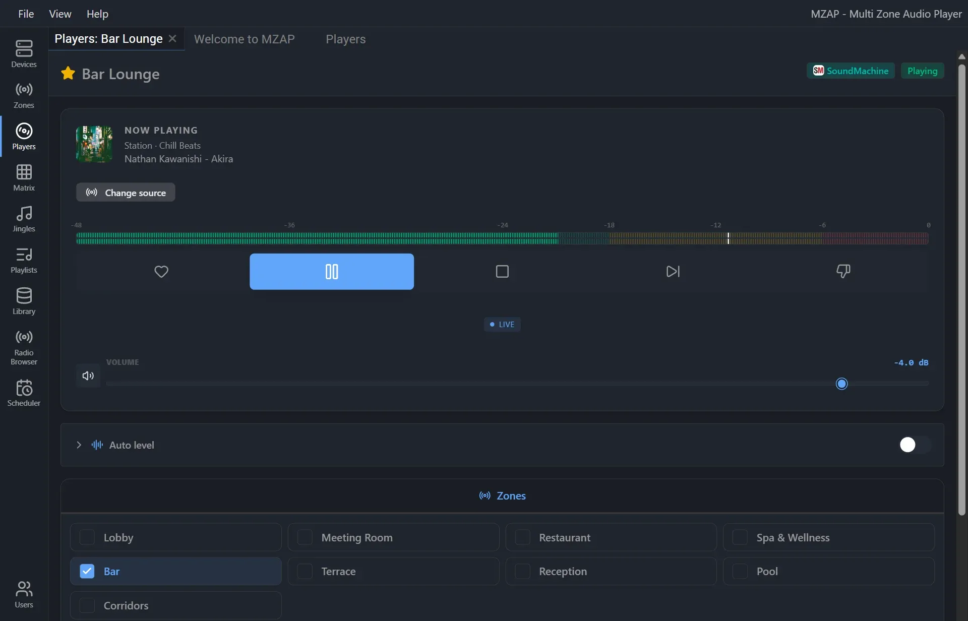 A SoundMachine player in Multi Room Audio Player: now playing, Like, Next and Dislike, and the zones it plays in