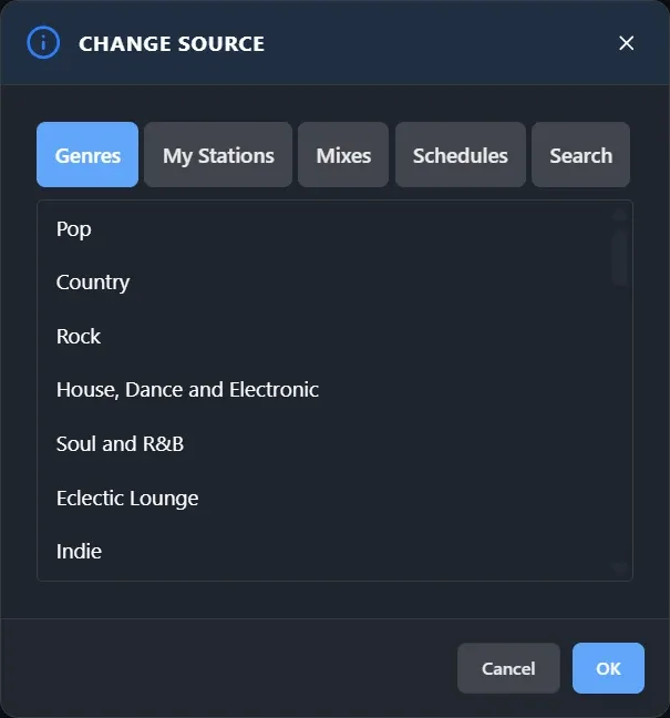 The Change source dialog: SoundMachine genres, with tabs for My Stations, Mixes, Schedules and Search