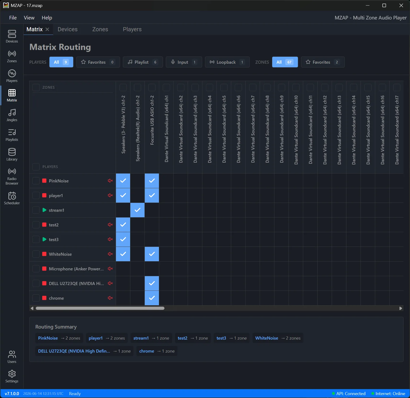 Matrix view routing each player to any combination of zones in real time