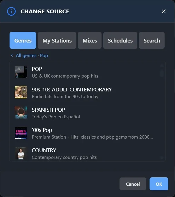 Inside the Pop genre: each station has cover art and a short description
