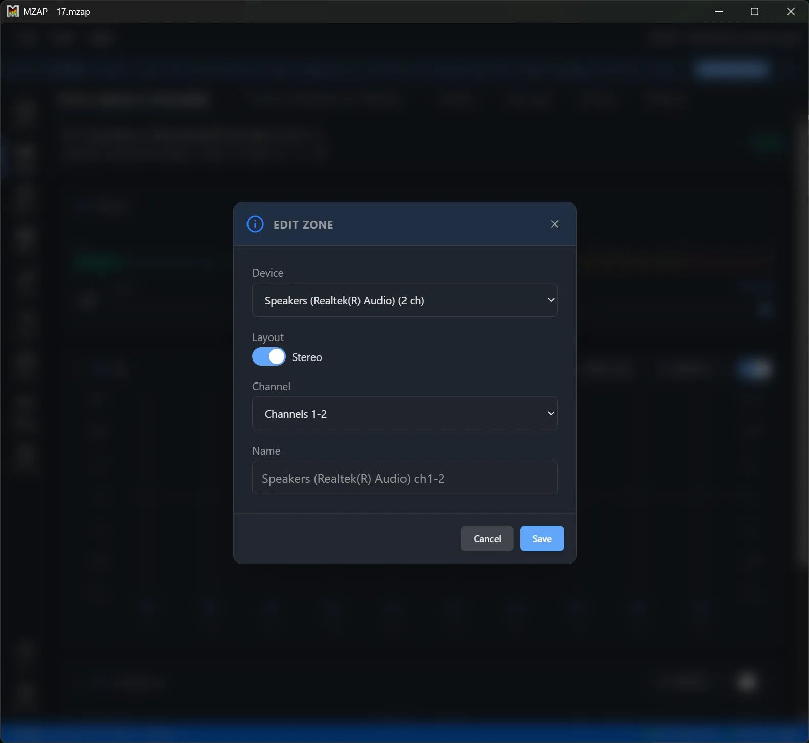 Zone editor with mono and stereo channel options