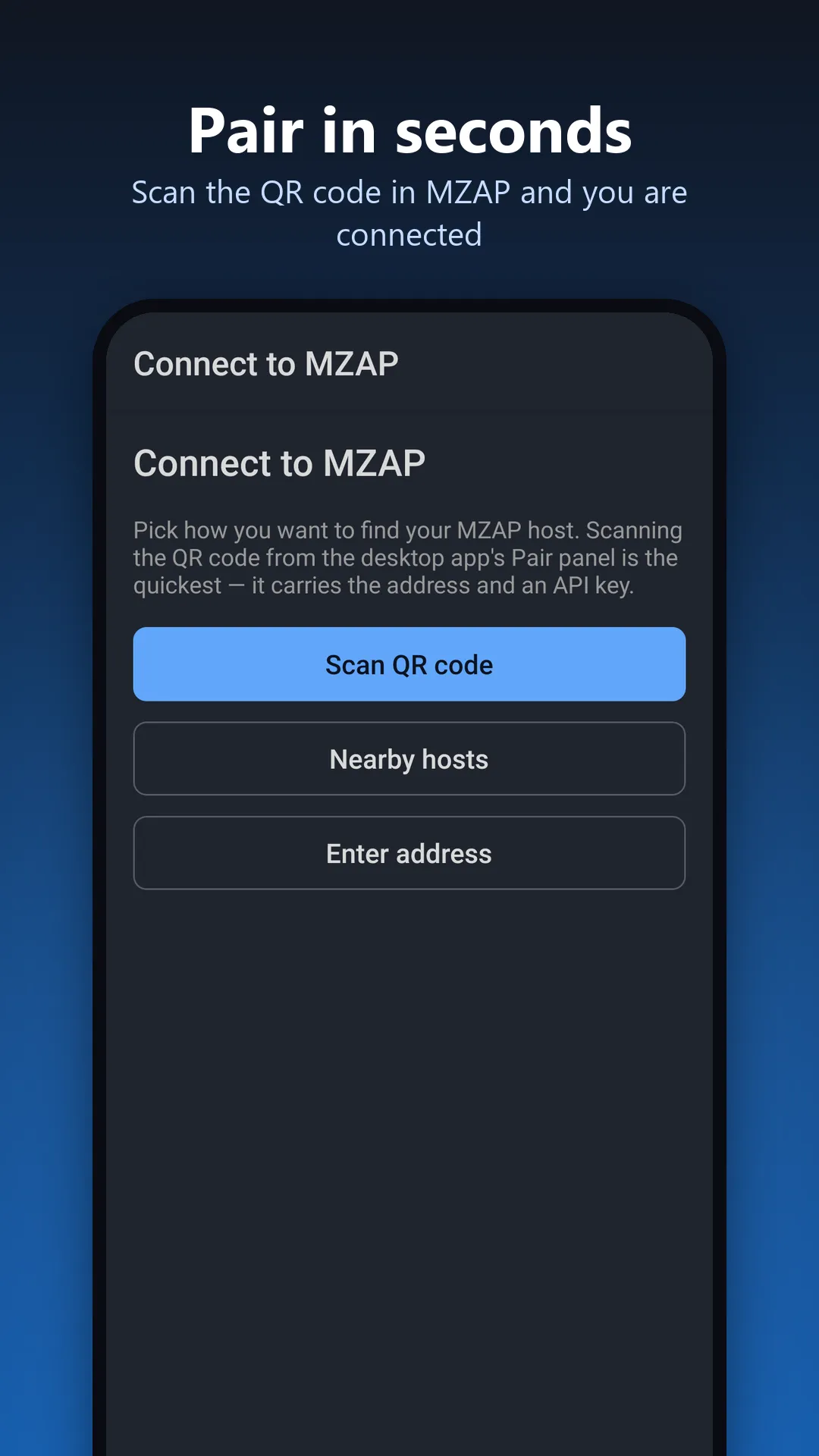 MZAP Remote, párování: naskenovat QR kód, vybrat hostitele v okolí nebo zadat adresu