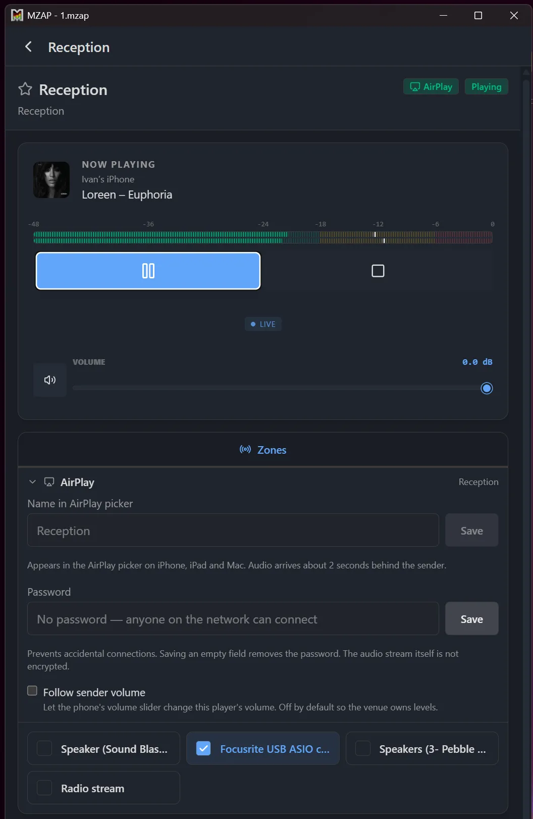 AirPlay zone settings in Multi Room Audio Player, showing the advertised name, password and follow-sender-volume options
