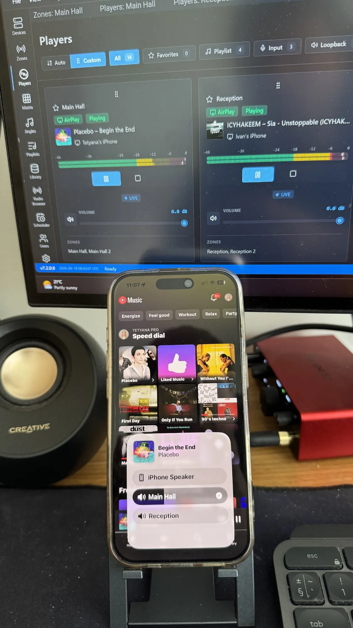 Selecting a Multi Room Audio Player zone from the AirPlay picker on an iPhone