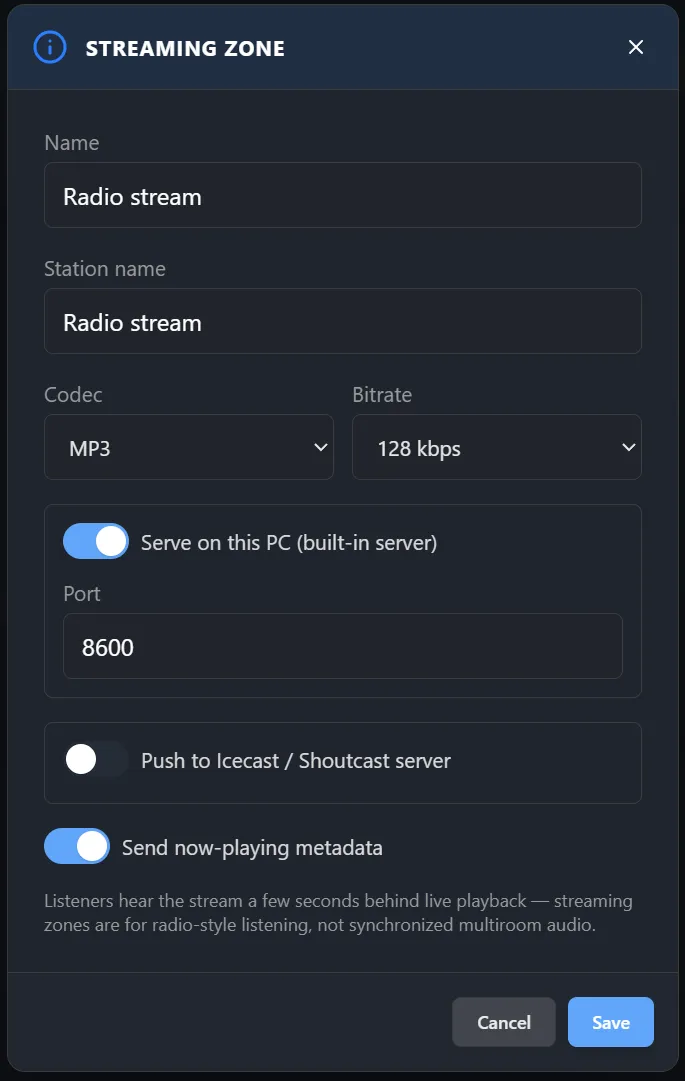 Streaming zone settings with codec, bitrate, built-in server port and Icecast push options