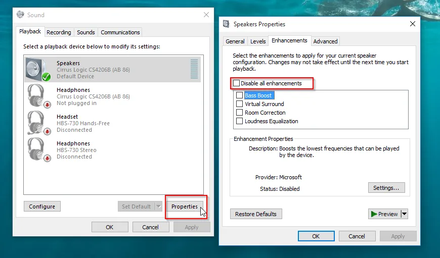 disable all audio enhancements