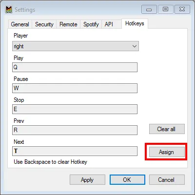 Assign hot keys to player