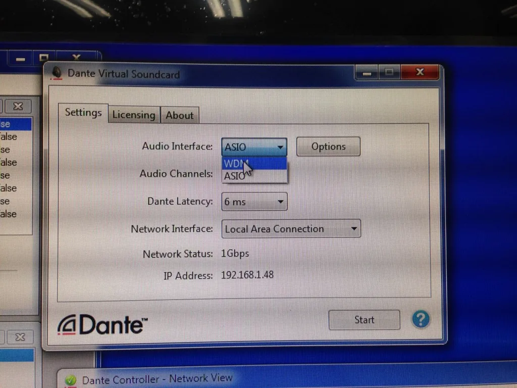 Dante Virtual Card ASIO-Einstellungen