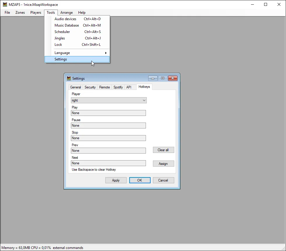 Settings - Hot Keys