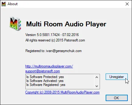 Info-Fenster - Software deregistrieren