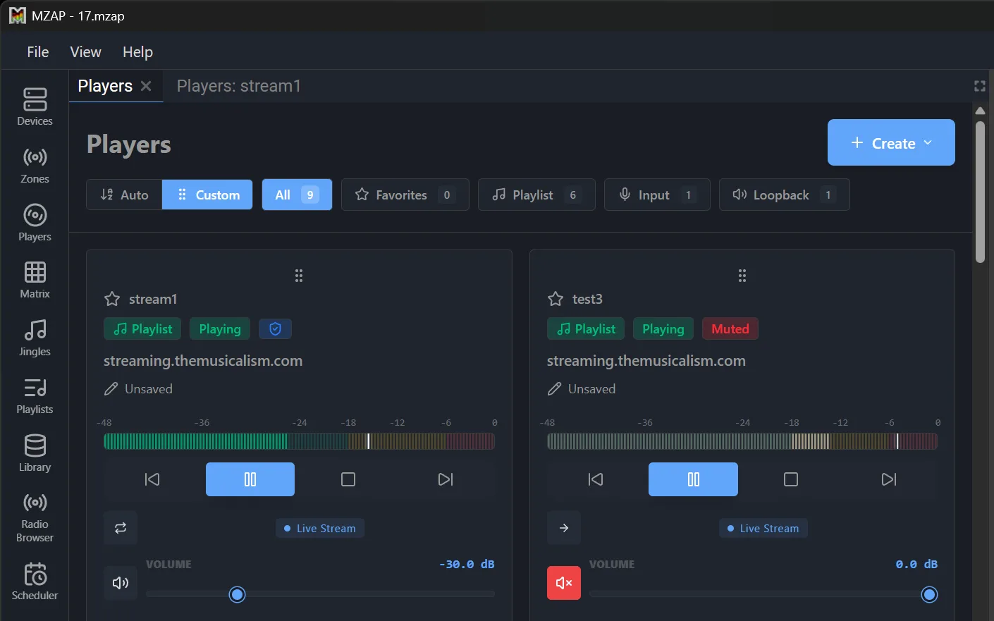 Κύριο παράθυρο του Multi Room Audio Player (MZAP 7): ανεξάρτητοι players με ενδείξεις στάθμης σε πραγματικό χρόνο και ζώνες δρομολογημένες σε ξεχωριστές συσκευές ήχου.