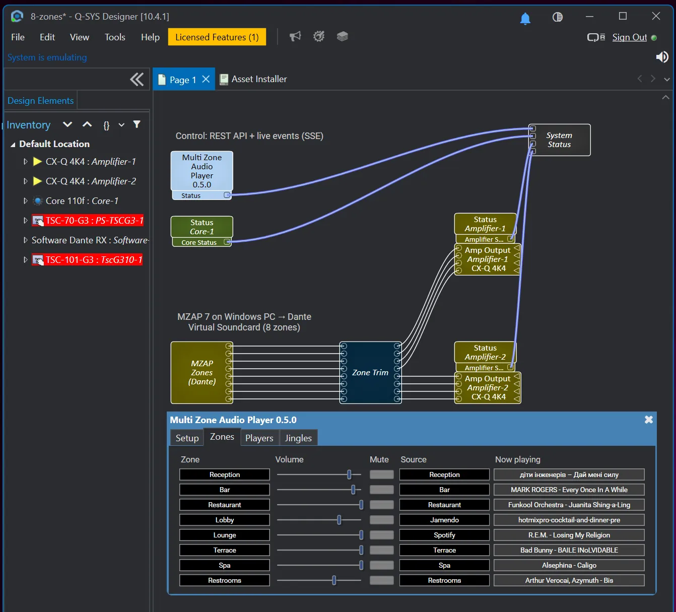 Q-SYS Designer mit dem Multi Zone Audio Player-Plugin: acht Dante-Zonen aus dem Player laufen über einen Q-SYS Core zu zwei CX-Q-Verstärkern, die Seite „Zones“ des Plugins ist geöffnet