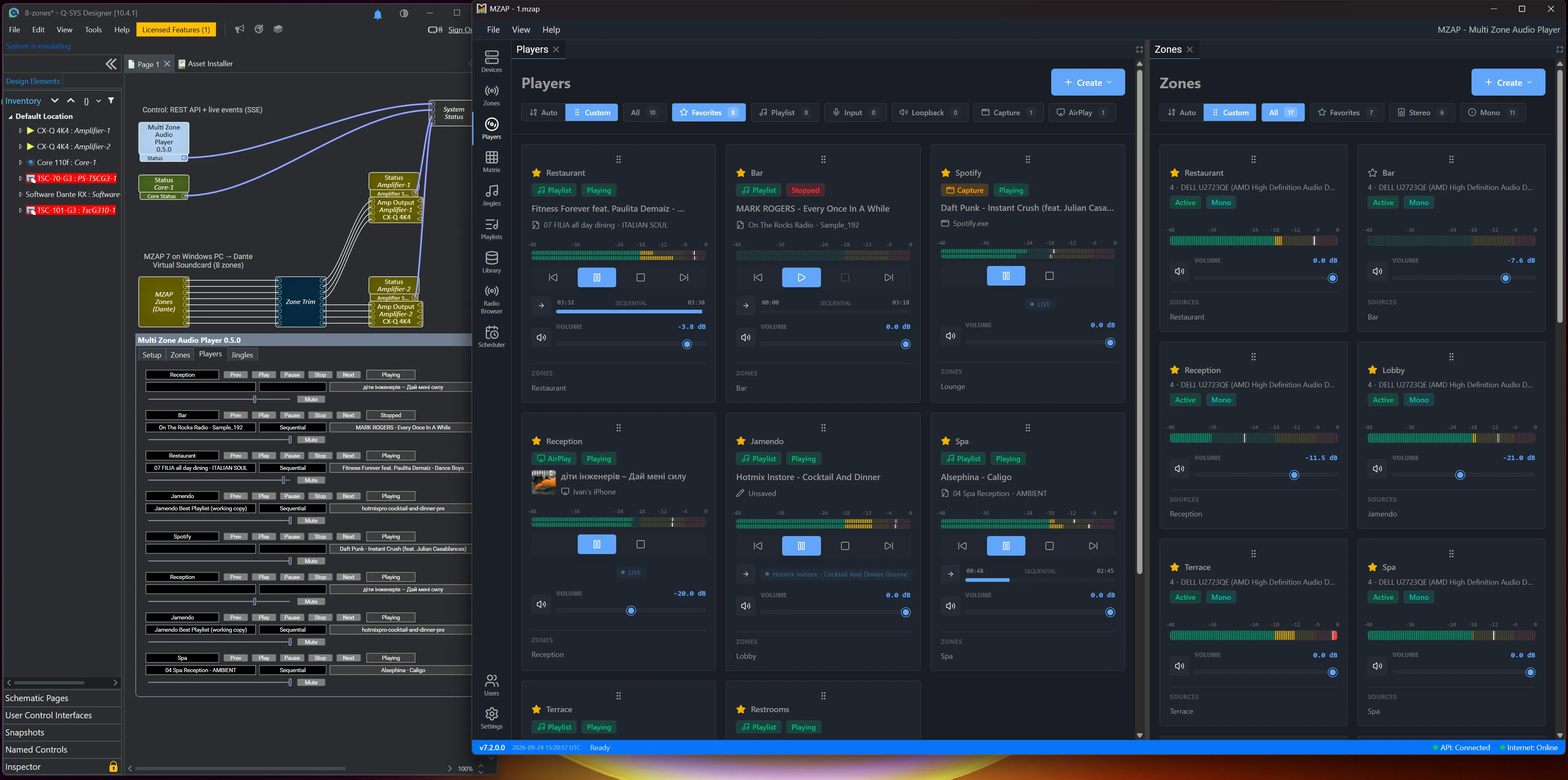 Das Plugin in Q-SYS Designer neben Multi Room Audio Player: auf beiden Seiten dieselben Player, Titel und Wiedergabezustände